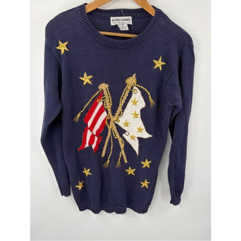 Vintage Alfred Dunner navy knit patriotic sweater women’s PL stars and strips